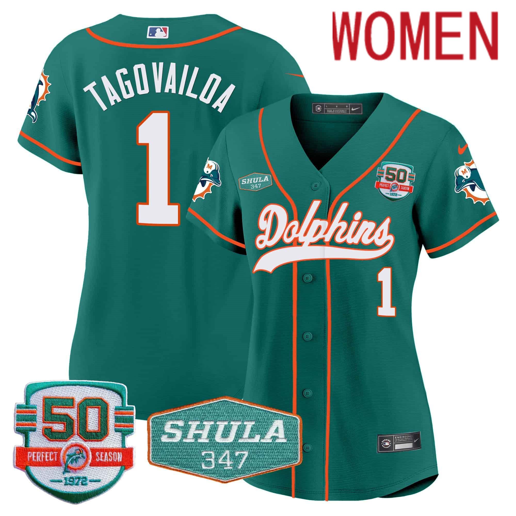 Women Miami Dolphins 1 Tagovailoa Green 2024 Nike 50th Don Shula Memorial Patch Baseball NFL Jersey style 1